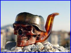 ANGRY SKULL GERMAN HELMET WW2 Briar Wood Tobacco Smoking Pipe by Oguz Simsek