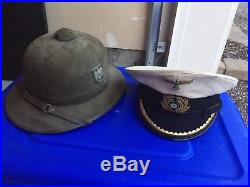 Orig Period WW2 German Army Tropical Pith Helmet + German U-Boat Officer Cap
