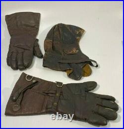 Vtg Rare Ww2 Wwii German Aviator Pilot Leather Flight Helmet & Gloves