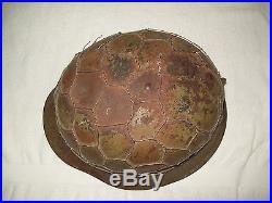 WW2 GERMAN CAMO HELMET WITH FULL WIRE BASKET NET and BULLET HOLE