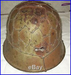 WW2 GERMAN CAMO HELMET WITH FULL WIRE BASKET NET and BULLET HOLE