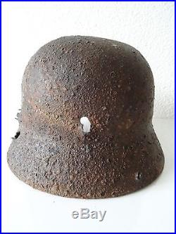 WW2 German M40 Original Helmet Relic Battle for Kurland 2WK Combat Damage