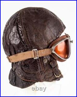 WWII WW2 German Luftwaffe Leather Flight Helmet Red Tinted Goggles