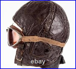 WWII WW2 German Luftwaffe Leather Flight Helmet Red Tinted Goggles