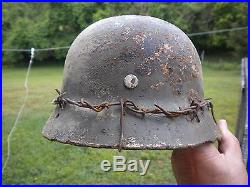 Ww2 German Helmet 100% Original M35/m40 With Band, And Camo Barbed Wire