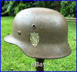 Ww2 German M40 Steel Helmet With Liner + 1941 Dated Strap, Double Decal Norwegian